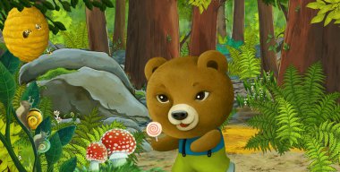 Ormanda dost canlısı bir hayvanın olduğu çizgi film sahnesi - çocuklar için illüstrasyon