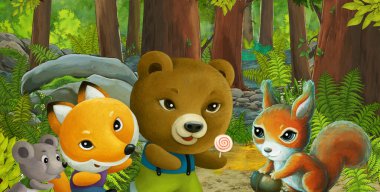 Ormanda dost canlısı bir hayvanın olduğu çizgi film sahnesi - çocuklar için illüstrasyon