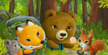 Ormanda dost canlısı bir hayvanın olduğu çizgi film sahnesi - çocuklar için illüstrasyon