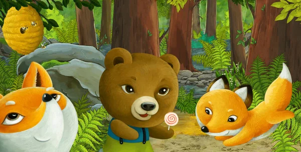 Zeichentrickszene Mit Freundlichen Tieren Wald Illustration Für Kinder — Stockfoto