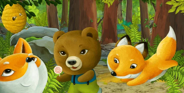 Ormanda Dost Canlısı Bir Hayvanın Olduğu Çizgi Film Sahnesi Çocuklar — Stok fotoğraf