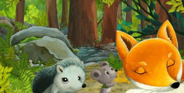 Ormanda dost canlısı bir hayvanın olduğu çizgi film sahnesi - çocuklar için illüstrasyon