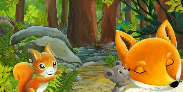 Σκηνή Κινουμένων Σχεδίων Φιλικό Ζώο Στο Δάσος Εικονογράφηση Για Παιδιά — Φωτογραφία Αρχείου