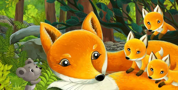 Escena Dibujos Animados Con Animales Amigables Bosque Ilustración Para Niños —  Fotos de Stock