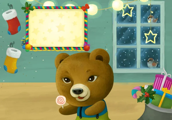 Cena Dos Desenhos Animados Com Urso Animal Com Presentes Ilustração — Fotografia de Stock