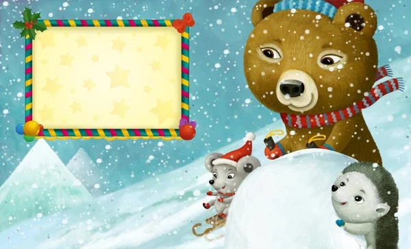 子供のための丘のイラストにスキーをスライド動物とフレームと漫画のクリスマスの冬のシーン — ストック写真