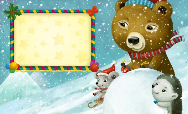 Cartoon Christmas Winter Scene Frame Animals Sliding Skiing Hill Illustration — Stock Photo, Image