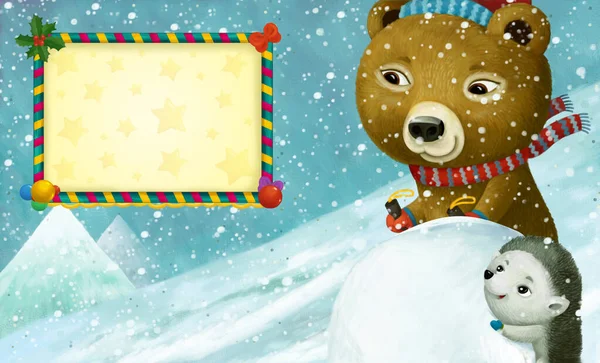 Dibujos Animados Navidad Invierno Escena Con Marco Con Animales Deslizante — Foto de Stock