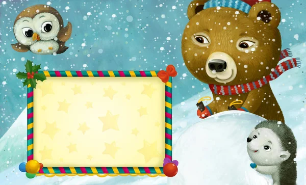 Rajzfilm Karácsony Téli Jelenet Keret Állatok Csúszó Síelés Dombon Illusztráció — Stock Fotó