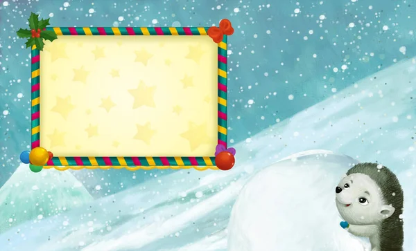 Desenho Animado Natal Cena Inverno Com Moldura Com Animais Deslizando — Fotografia de Stock