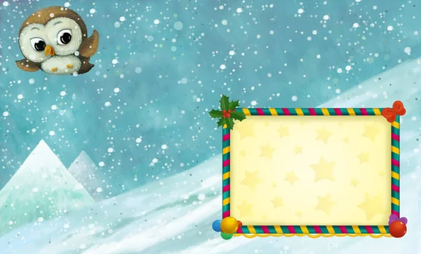 Kreskówka Boże Narodzenie Zima Scena Ramą Zwierzętami Przesuwne Narty Wzgórzu — Zdjęcie stockowe