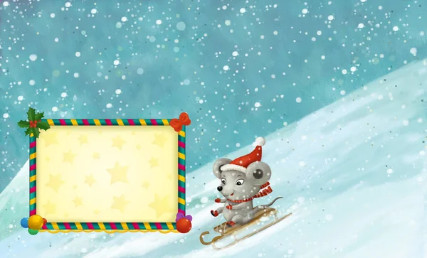 cartoon christmas winter scene with frame with animals sliding skiing on hill illustration for children