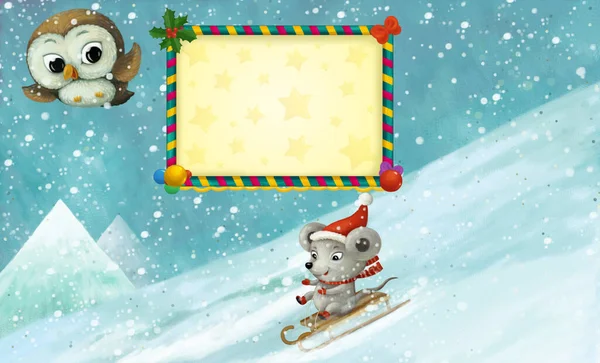 Desenho Animado Natal Cena Inverno Com Moldura Com Animais Deslizando — Fotografia de Stock