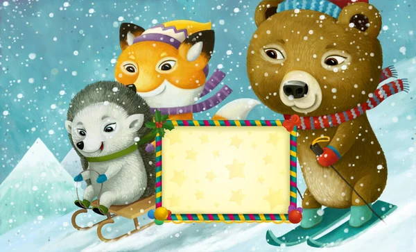 Cartoon Weihnachtswinterszene Mit Rahmen Mit Tieren Beim Skifahren Auf Der — Stockfoto
