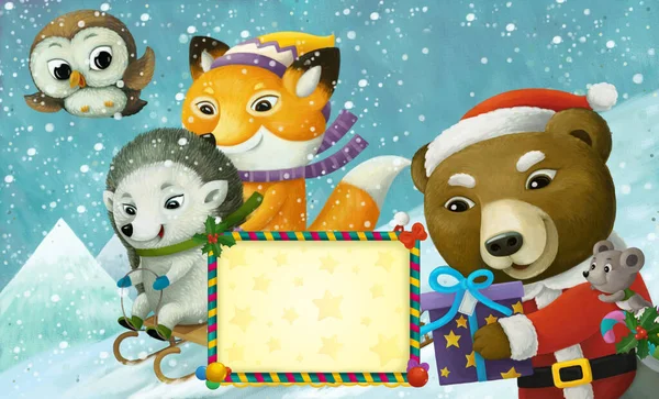 Kreskówka Boże Narodzenie Zima Scena Ramą Zwierzętami Przesuwne Narty Wzgórzu — Zdjęcie stockowe