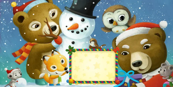 Scena Natale Del Fumetto Con Cornice Con Diversi Animali Pupazzo — Foto Stock