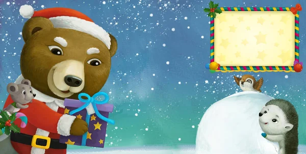 Kreskówka Zima Scena Ramą Zwierzęciem Śniegu Zabawy Ilustracja Dla Dzieci — Zdjęcie stockowe