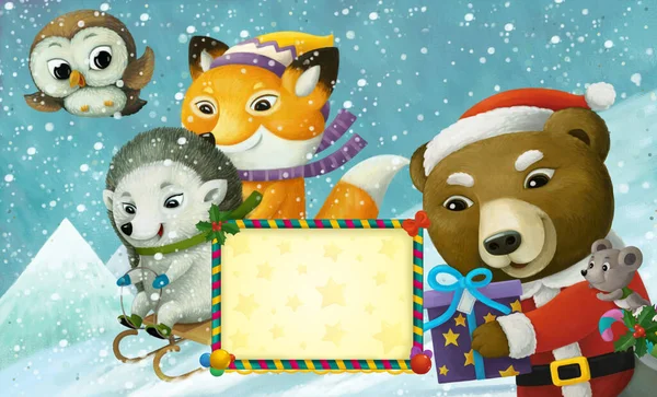 Cartone Animato Natale Scena Invernale Con Cornice Con Animali Scivolo — Foto Stock