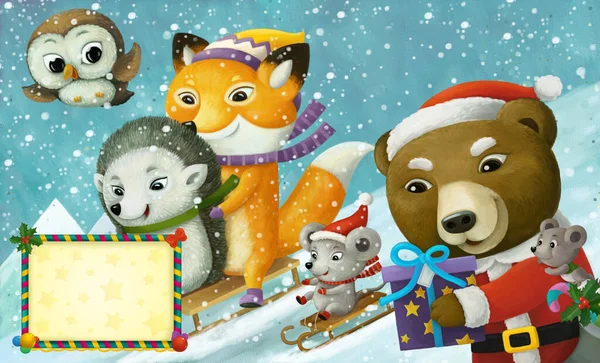 Cartone Animato Natale Scena Invernale Con Cornice Con Animali Scivolo — Foto Stock