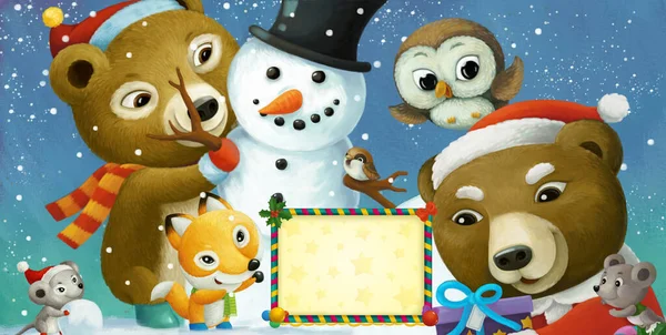 cartoon christmas scene with frame with happy animals and snowman illustration for children