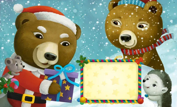 Dibujos Animados Navidad Invierno Escena Con Marco Con Animales Deslizante —  Fotos de Stock