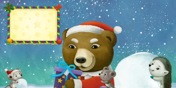 Rajzfilm Karácsonyi Jelenet Keret Boldog Állatok Hóember Illusztráció Gyerekeknek — Stock Fotó