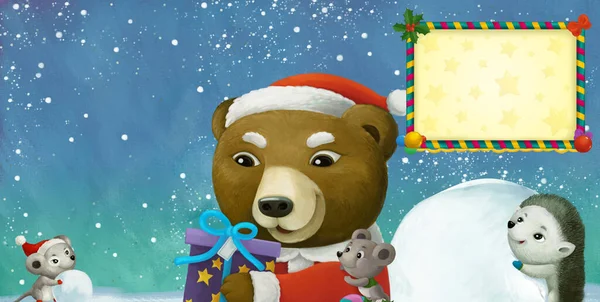 Dibujos Animados Escena Navidad Con Marco Con Animales Felices Muñeco — Foto de Stock