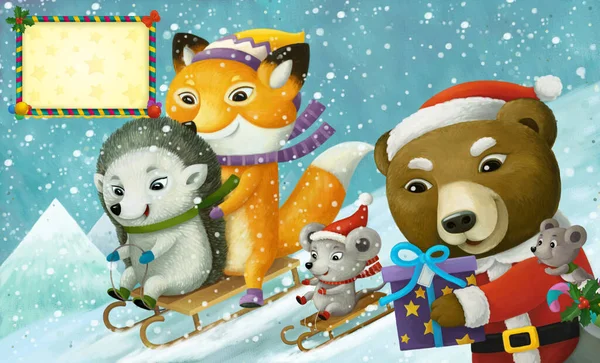 Γελοιογραφία Χριστούγεννα Χειμώνα Σκηνή Πλαίσιο Ζώα Ολίσθηση Σκι Λόφο Εικονογράφηση — Φωτογραφία Αρχείου