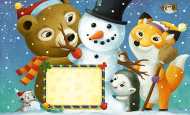 Mutlu bir kardan adam çizimi ve mutlu hayvanlar çerçeveli mutlu noel sahnesi çocuklar için.