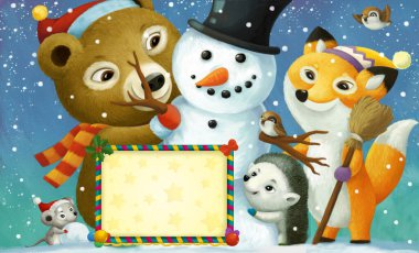 Mutlu bir kardan adam çizimi ve mutlu hayvanlar çerçeveli mutlu noel sahnesi çocuklar için.