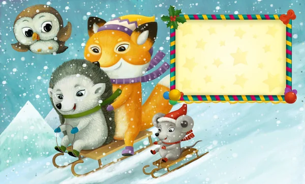 Dibujos Animados Feliz Navidad Escena Con Marco Con Animales Felices — Foto de Stock