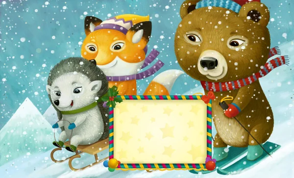 Cartoon Happy Christmas Scene Mit Rahmen Mit Glücklichen Tieren Und — Stockfoto