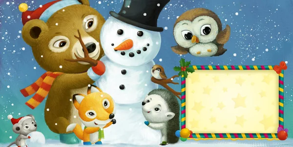 Мультяшна Щаслива Різдвяна Сцена Рамкою Щасливими Тваринами Ілюстрацією Сніговика Дітей — стокове фото