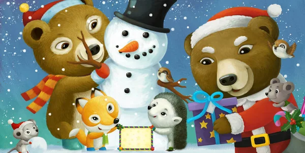 Rajzfilm Boldog Karácsonyi Jelenet Keret Boldog Állatok Hóember Illusztráció Gyerekeknek — Stock Fotó