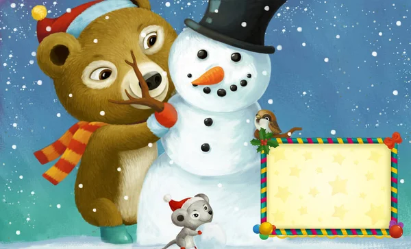 Cartone Animato Scena Natale Felice Con Cornice Con Animali Felici — Foto Stock