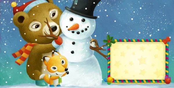 Κινούμενα Σχέδια Ευτυχισμένη Χριστουγεννιάτικη Σκηνή Πλαίσιο Χαρούμενα Ζώα Και Χιονάνθρωπος — Φωτογραφία Αρχείου