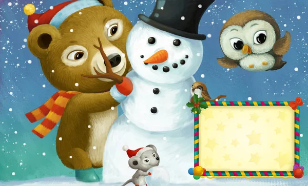 cartoon happy christmas scene with frame with happy animals and snowman illustration for children