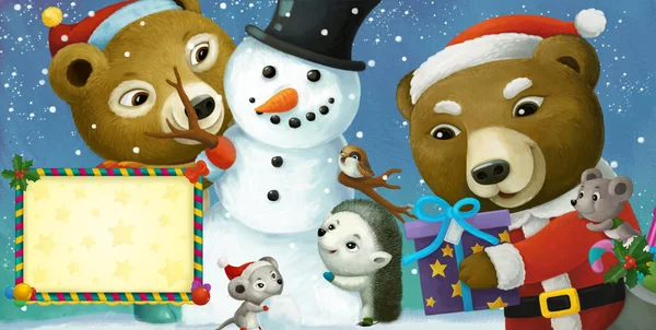 Cartoon Happy Christmas Scene Mit Rahmen Mit Glücklichen Tieren Und — Stockfoto