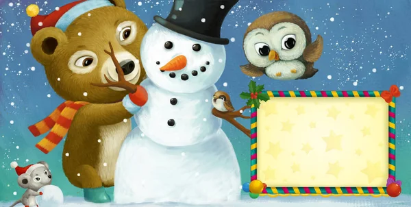 Kreskówka Szczęśliwy Boże Narodzenie Scena Ramki Szczęśliwymi Zwierzętami Bałwan Ilustracja — Zdjęcie stockowe