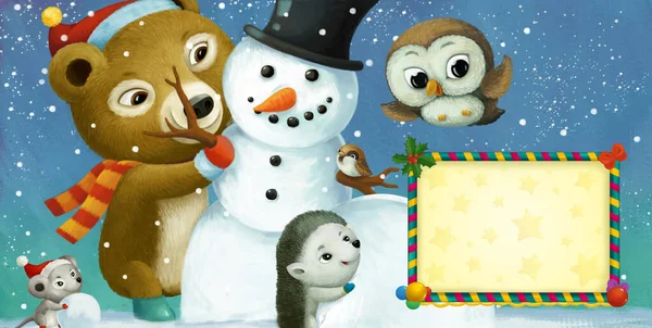 Cartone Animato Scena Natale Felice Con Cornice Con Animali Felici — Foto Stock