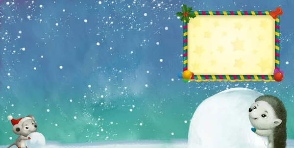 Мультфильм Счастливая Зимняя Сцена Животным Снегу Весело Иллюстрации Детей — стоковое фото