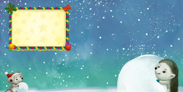 Dibujos Animados Feliz Escena Invierno Con Animales Nieve Divertirse Ilustración — Foto de Stock