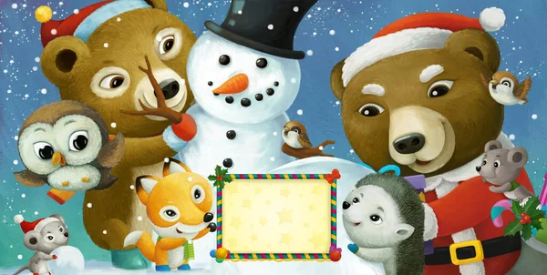 Κινούμενα Σχέδια Ευτυχισμένη Χριστουγεννιάτικη Σκηνή Πλαίσιο Χαρούμενα Ζώα Και Χιονάνθρωπος — Φωτογραφία Αρχείου