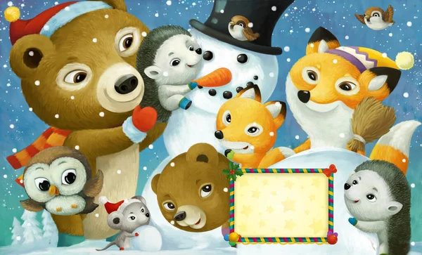 Cartoon Gelukkig Kersttafereel Met Frame Met Gelukkig Dieren Sneeuwpop Illustratie — Stockfoto