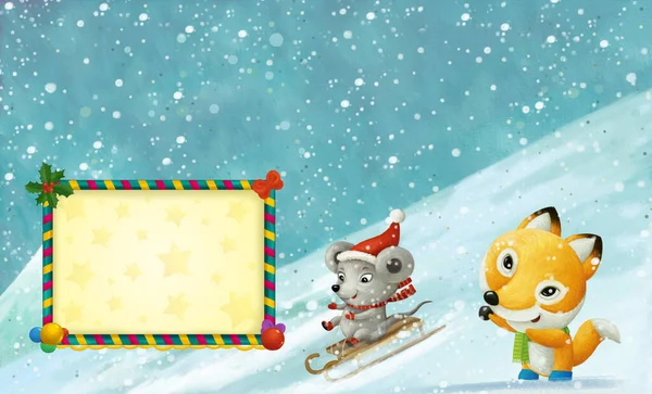 Cartoon Gelukkig Winter Scene Met Dier Sneeuw Met Plezier Illustratie — Stockfoto