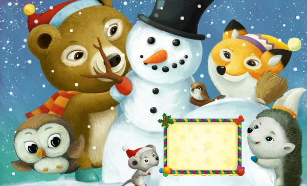Dibujos Animados Feliz Navidad Escena Con Marco Con Animales Felices —  Fotos de Stock