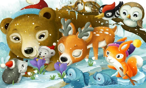 Cartoon Scene Christmas Animals Forest Illustration Children — Stock Photo, Image