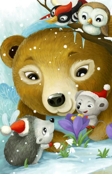 Zeichentrickszene Mit Weihnachtlichen Tierfreunden Wald Illustration Für Kinder — Stockfoto