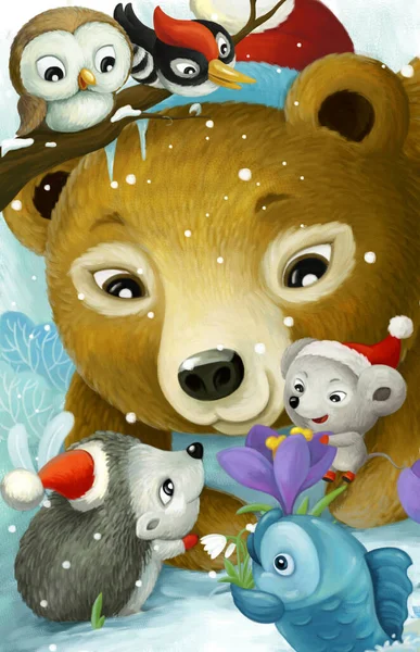 cartoon scene with christmas animal friends in the forest illustration for children