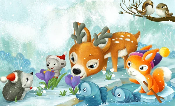 Cartoon Scene Christmas Animals Forest Stream Illustration Children — Stock Photo, Image